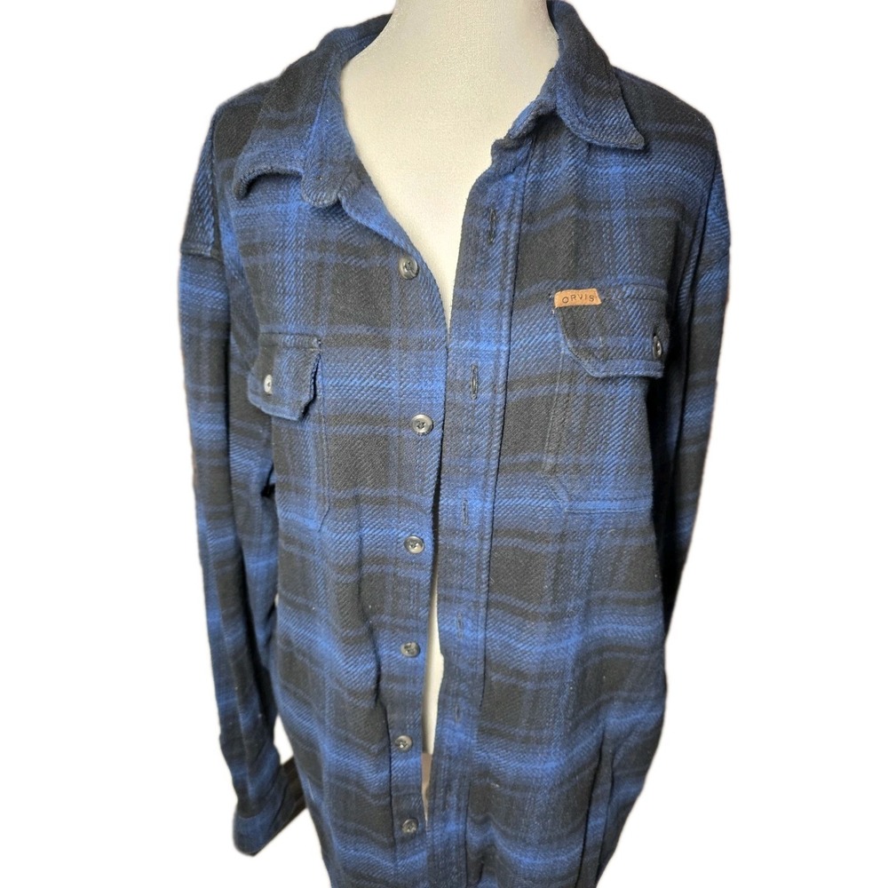 Orvis Classic Collection Blue Plaid Flannel Shirt Jacket Men's L Pockets - Picture 4 of 13